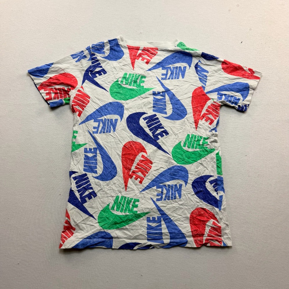 Nike T-Shirt Kids Large White Excellent All Over Print Swoosh Logo Tee